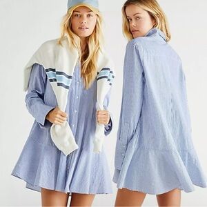 Free People Women’s Small All For You Striped Shirt Dress Blue White Boho Preppy